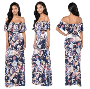 Bohemian Vintage Off Shoulder Ruffle Maxi Dress Floral Print Summer Vacation Beach Dress For Women