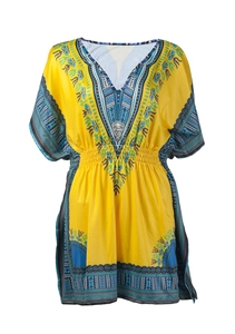 Robe Dashiki jaune avec imprimé ethnique en col V et détail de taille élastique