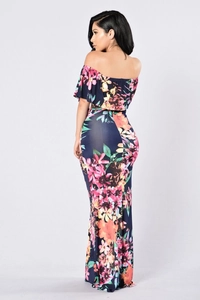 Floral off-shoulder maxi dress with deep blue base and vibrant flower prints for women