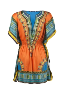Detail of vibrant orange ethnic dashiki dress with colorful V-neck geometric patterns