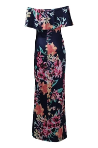 Navy off-shoulder maxi dress featuring tropical floral print and ruffle neckline detail