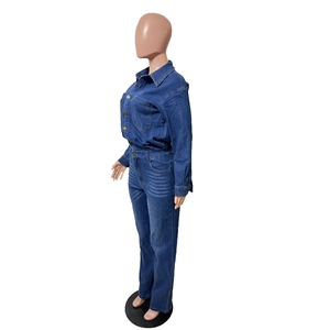 Side view of slim fit denim jumpsuit with vintage wash and button-front closure