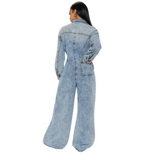 Women's light blue wash denim long sleeve jumpsuit with wide leg and back pocket