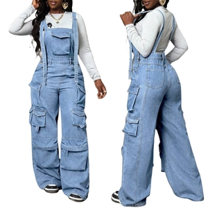 Women's light blue denim overalls with multi-pockets and wide leg loose fitting style