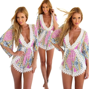 Women Bohemian Floral Print Deep V-Neck Long Sleeve Romper Playsuit With White Lace Trim Summer Beach Vacation Fashion