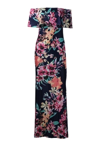 Off-shoulder floral maxi dress with ruffled neckline in navy blue bohemian style