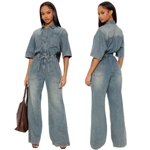 Slim fit light wash denim jumpsuit with elastic waist and flared leg style from two views