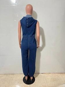 Back view of a blue hooded sleeveless denim jumpsuit with elastic waist and jogger cuffs
