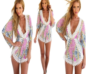 Women's V-neck floral print romper with long lace-trimmed sleeves in bohemian style