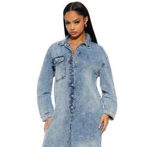 Slim fit washed denim long sleeve jumpsuit with flare leg and chest pockets for women