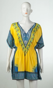 Robe jaune style ethnique à imprimé Dashiki avec col en V et manches chauve-souris
