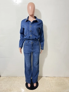 Detail of dark blue denim jumpsuit with long sleeves, brass buttons, and flap pockets