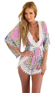 Bohemian floral V-neck romper with lace trim and loose mid-length batwing sleeves