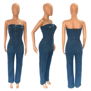 Three-way view of blue denim tube top jumpsuit with high-waist slim fit and raw hem details
