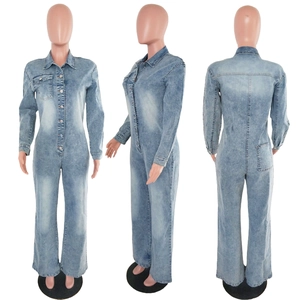 Detail showing front and back views of light blue denim jumpsuit with chest pockets