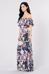 Floral off-the-shoulder maxi dress in navy blue with a vintage bohemian flare