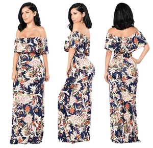 Women Off Shoulder Ruffle Floral Maxi Dress Bohemian Navy Blue Spandex Blend Casual Long Dress For Summer Vacation