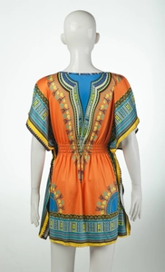 Ethnic African Dashiki print dress in orange with V-back design and elastic waist