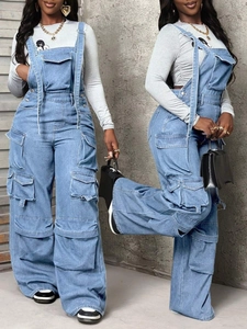 Front and side view of loose light blue denim cargo overalls with functional pockets