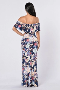 Bohemian off-shoulder floral maxi dress with layered ruffles and elegant back view
