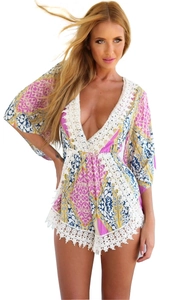 Floral print V-neck romper for women with bohemian patterns and white lace trim