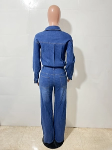 Rear view of slim fit denim jumpsuit featuring white stitching and back pockets