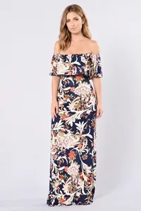 Bohemian off-the-shoulder long dress with navy floral print and ruffled neckline design
