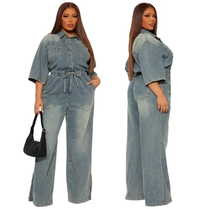 Detail of blue wash denim jumpsuit showing lapel collar, metal buttons and drawstring waist