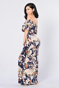 Deep blue off-shoulder bohemian maxi dress with vintage floral patterns for summer vacation