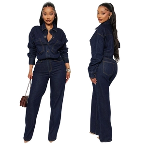 Deep blue long sleeve denim jumpsuit with button-down shirt and straight leg pants