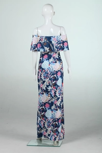 Detail of off-shoulder neckline with ruffled layers on blue floral bohemian maxi dress