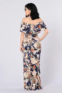 Off-shoulder floral maxi dress with ruffled neckline and navy bohemian print