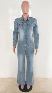 Front detail of a washed blue denim jumpsuit with long sleeves, lapel, and button closure