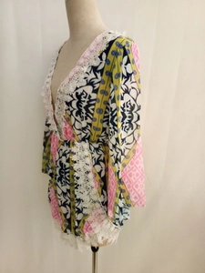 Detail showing deep V-neckline with white lace trim and colorful floral print patterns