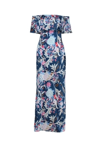 Floral off-shoulder maxi dress in navy blue with elegant flounce and bohemian style