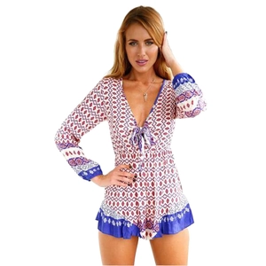 Combi-short Bohème Femme Imprimé Géométrique Manches Longues Rayonne Lin Col V Nœud Style Ethnique Été Plage Jumpsuit
