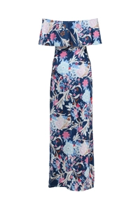 Detailed view of off-shoulder neckline with ruffles and floral print on navy maxi dress