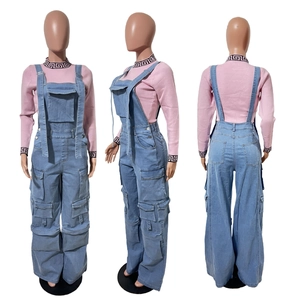 Detail view showing front, side and back of cargo denim overalls with multiple pockets