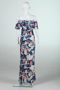 Detail view of the floral print and ruffled off-shoulder neckline on a navy maxi dress