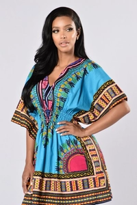 Robe Courte Femme Imprimé Africain Dashiki Sexy Col en V Manche Chauve-Souris Taille Élastique Style Ethnique Bohème Été