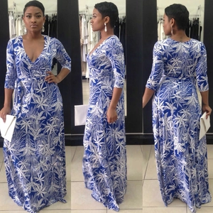 Damen Sexy Tropische Palme Blatt Druck Maxi Kleid Tiefer V-Ausschnitt Langarm Wickelkleid Mit Taille Band Urlaub Langes Kleid