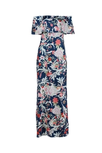 Floral off-the-shoulder maxi dress with ruffled neckline and navy blue botanical print