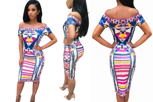 Vestito Bodycon Donna Spalle Scoperte Stampa Tribale Geometrica Manica Corta Sexy Nightclub Midi Vestito Misto Elastan Seta di Latte Slim Fit