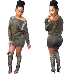 Dark grey knitted long sleeve mini dress featuring an elegant off-shoulder round neckline