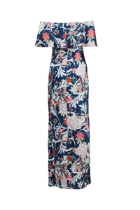 Detail of navy blue off-shoulder maxi dress with tropical floral print and ruffle trim