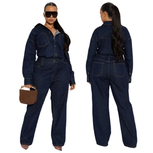 Front and back view of a slim fit dark blue denim jumpsuit with long sleeves and pockets