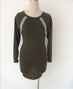 Slim fit long sleeve mini dress in army green with grey curved shoulder patchwork
