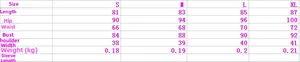 Detailed size chart in CM for the printed mini dress covering sizes S to XL with weights