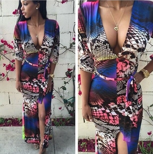 Robe Longue Femme Sexy Col en V Profond Manches Longues Imprimé Serpent Fente Haute Moulante Robe de Soirée Night-club Robe Longue