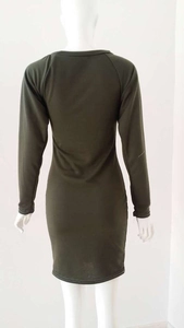 Back view of army green long sleeve mini dress featuring elastic knitted fabric